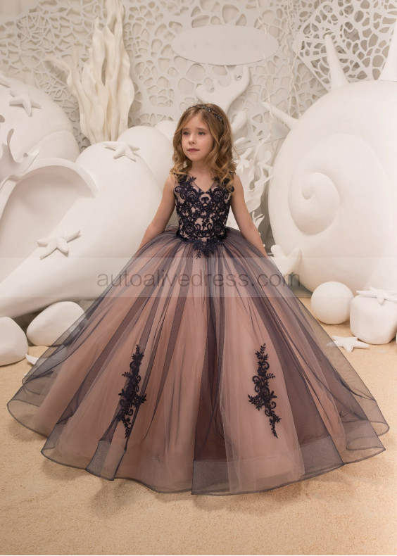 Navy Blue And Blush Lace Tulle Flower Girl Dress